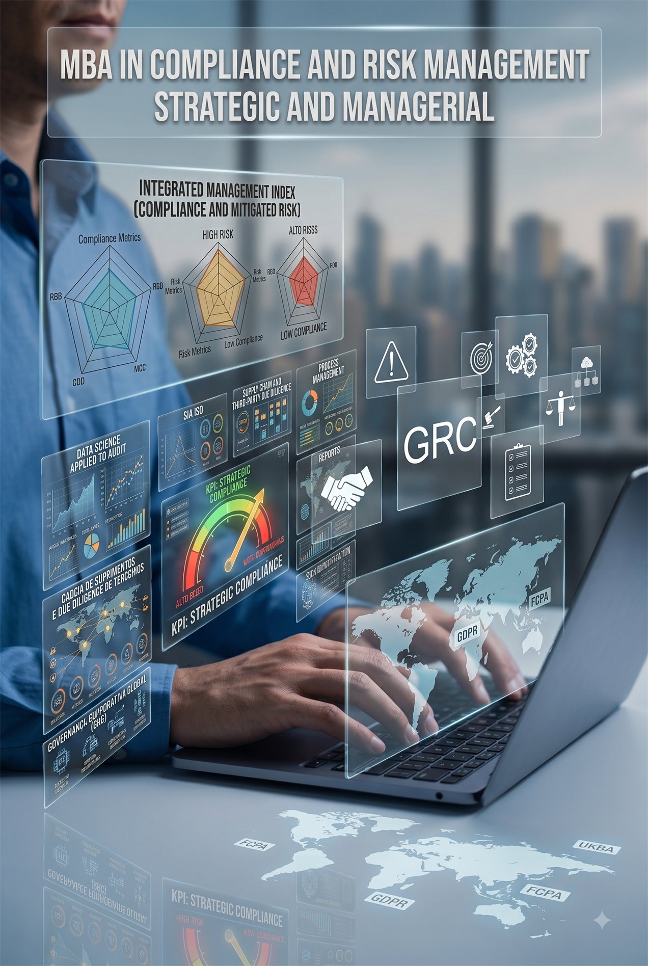 Illustration: a professional at a laptop facing translucent compliance and risk dashboards, with radar charts, a world map, and the acronyms GRC, GDPR and FCPA