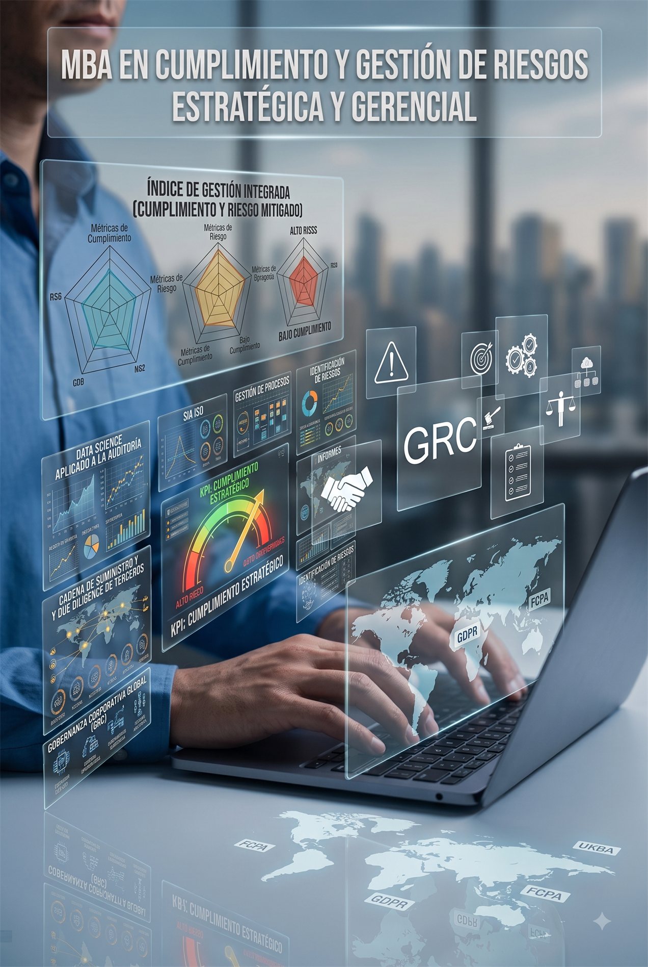 Ilustración: profesional ante una computadora frente a paneles translúcidos de cumplimiento y riesgo, con gráficos de radar, mapamundi y las siglas GRC, GDPR y FCPA