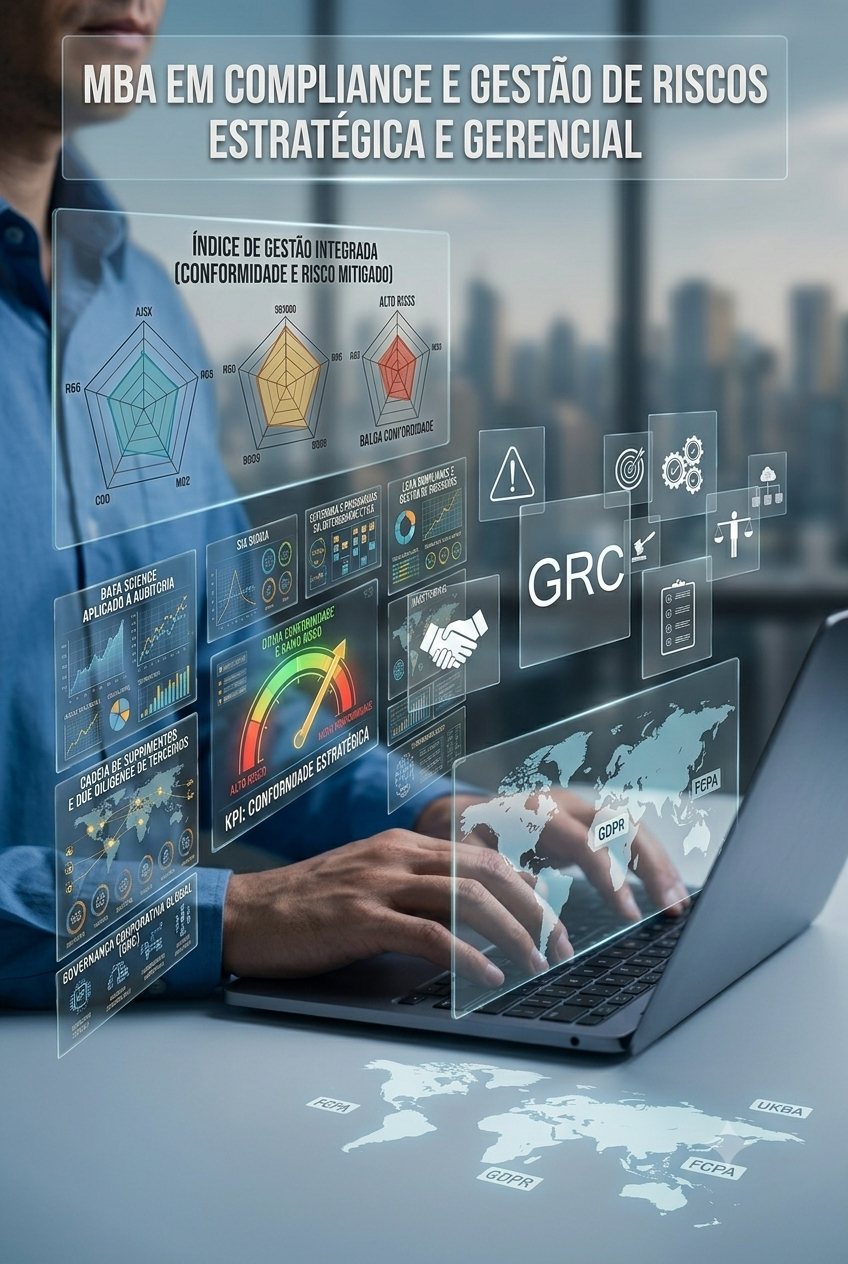 Ilustração: profissional ao computador diante de painéis translúcidos de conformidade e risco, com gráficos de radar, mapa-múndi e as siglas GRC, GDPR e FCPA