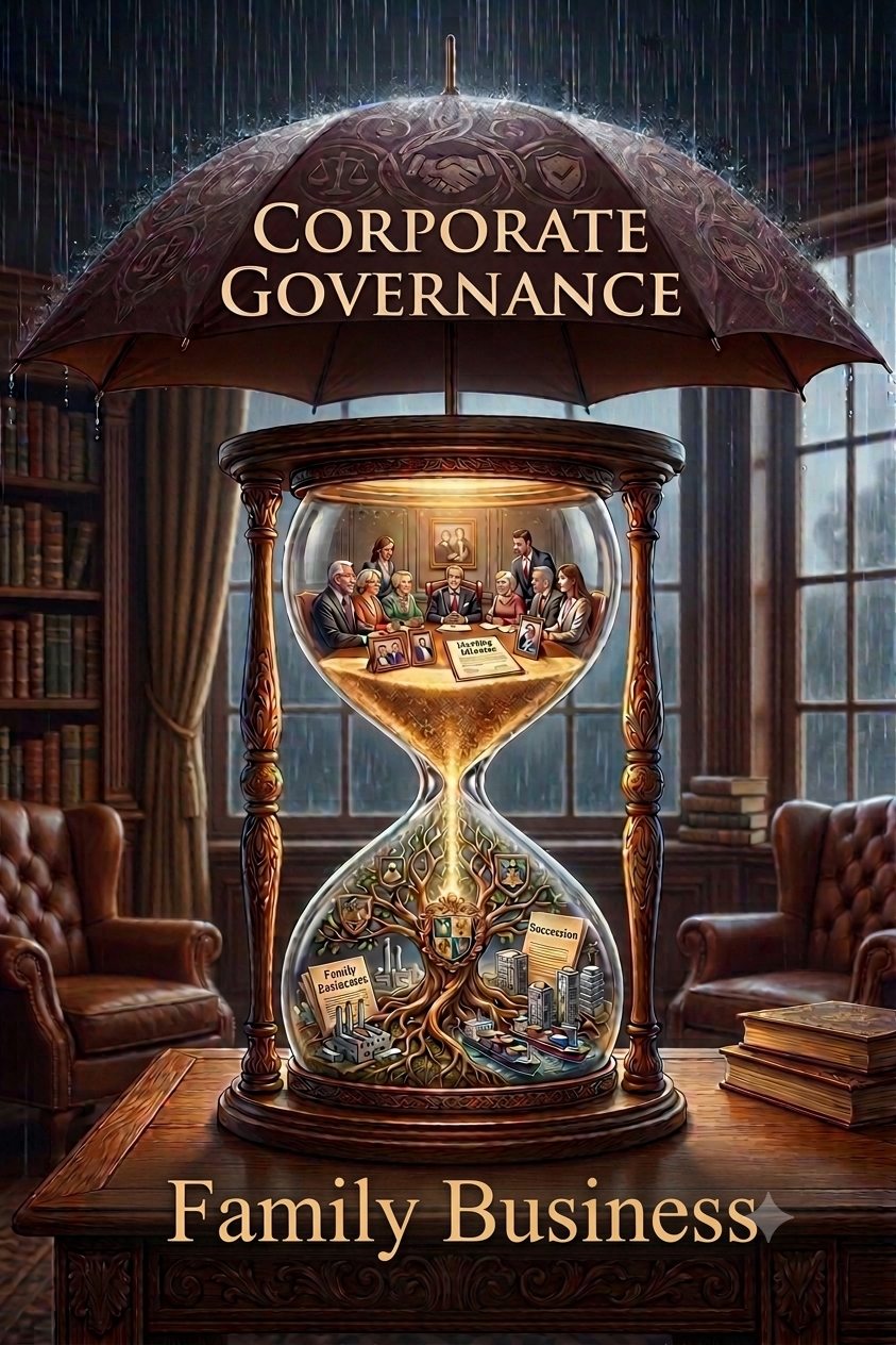 Illustration: corporate governance in family firms — an hourglass beneath an umbrella, with the family council above and business continuity below