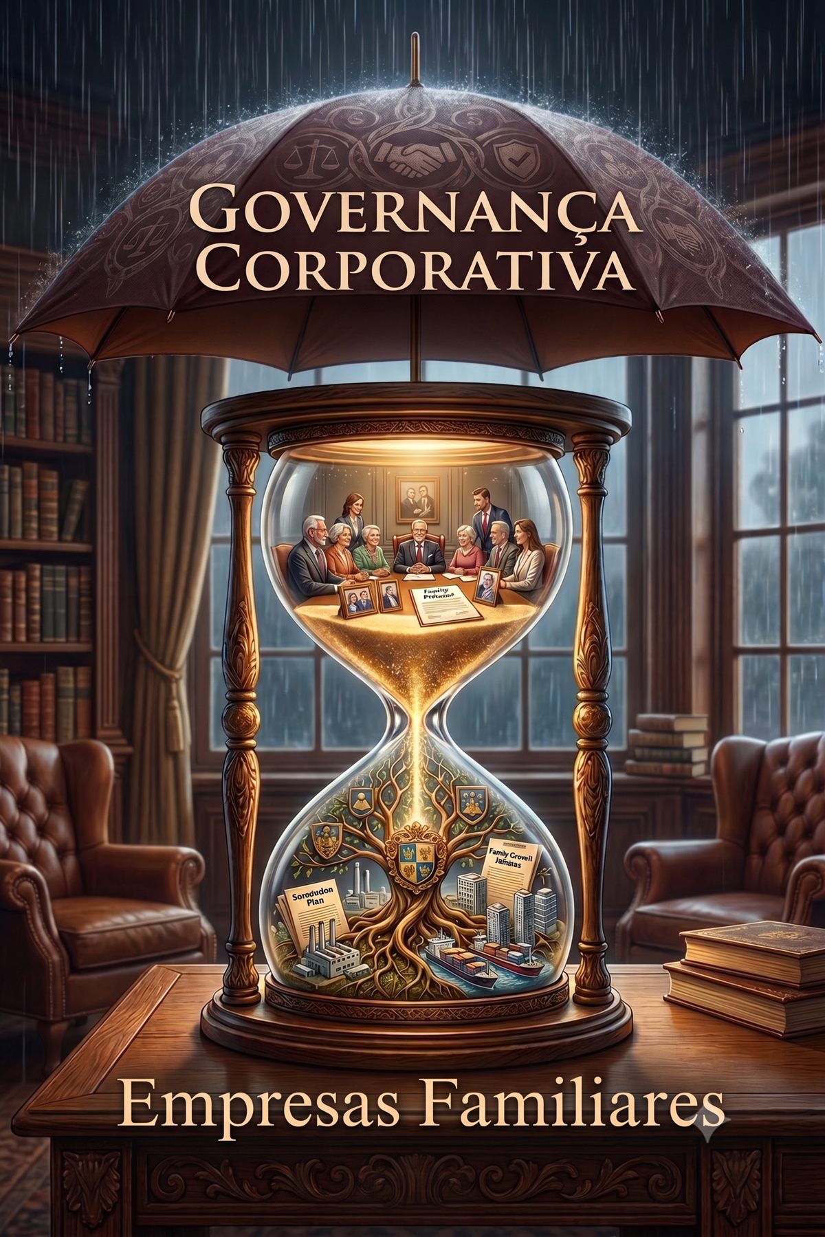 Illustration: corporate governance in family firms — an hourglass beneath an umbrella, with the family council above and business continuity below